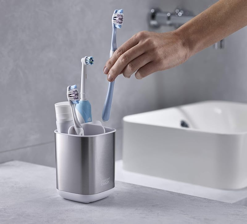 EasyStore- Porte-brosse à dents et dentifrice, compatible avec les brosses à dents électriques et traditionnelles, 3 compartiments, rangement détachable salle de bain- Moyen, Acier Inox