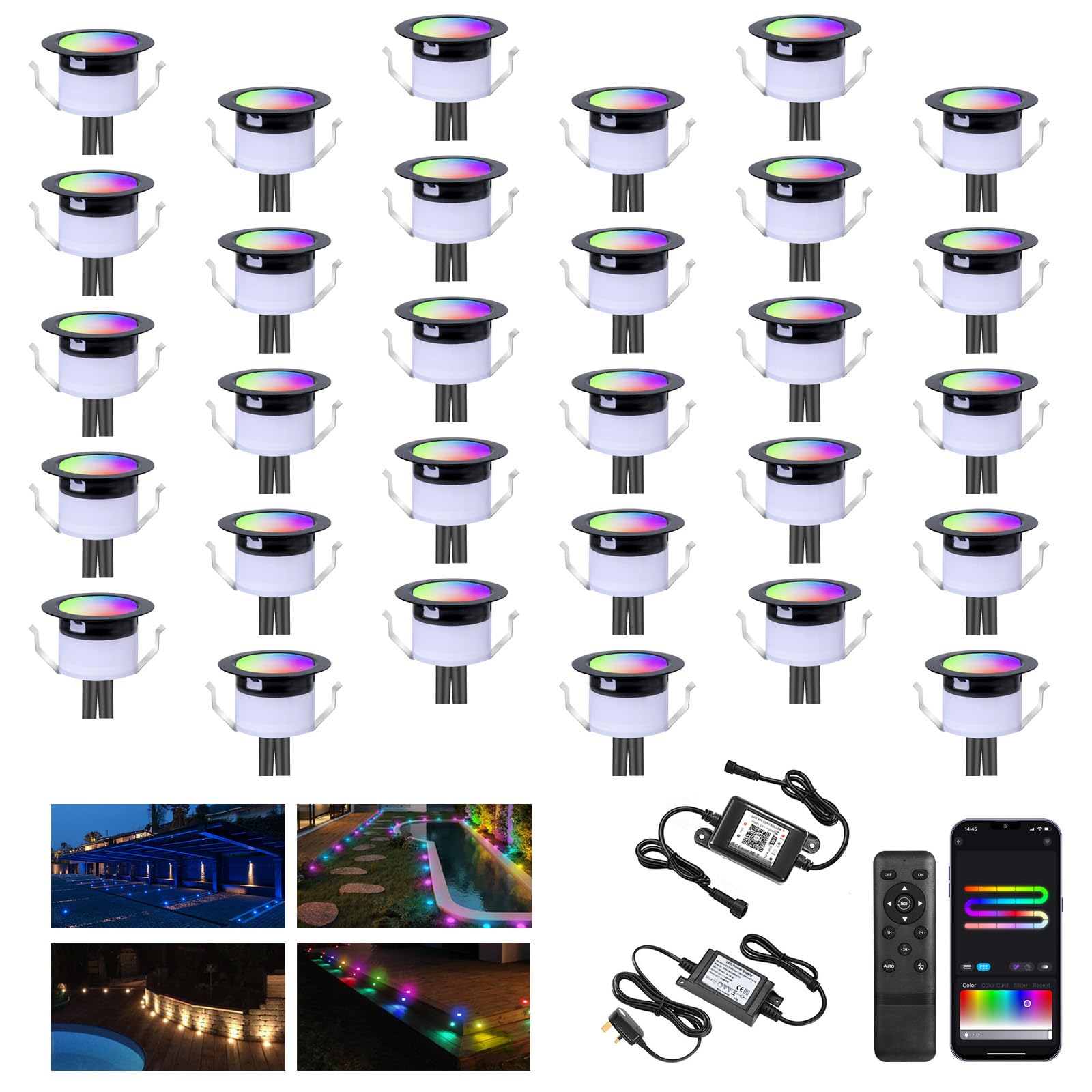 WiFi Smart LED Decking Lights RGB,Multicolor Chasing Effect Waterproof IP67 Decking Patio Lamps Ø31MM DC12V 0.6W Work with Alexa/Google Home Recessed Lights for Yard,Garden,Patio,Stair Decor-30 Pack