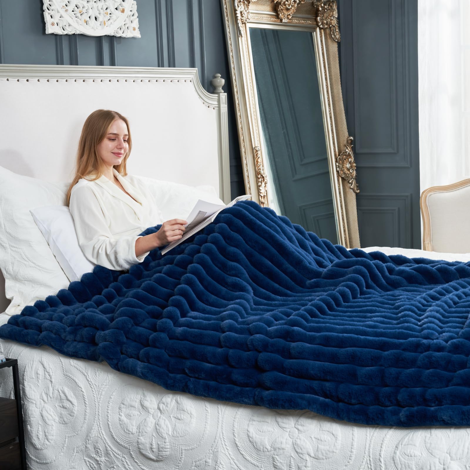 Photo 1 of Cozy Bliss Faux Fur Throw Blanket for Couch, Cozy Warm Plush Striped Blanket for Sofa Bedroom Living Room,60 * 80 Inches Navy Blue
