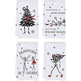 SUNDECO 4 Pcs Skeleton Christmas Kitchen Towels, Gothic Holiday Hand Towels with Funny Bone Designs in Black White, Absorbent Cotton Dish Towels for Kitchen, Home & Gothic Christmas Decor