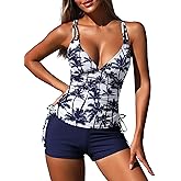 ZAFUL Women's 2025 Tankini Swimsuits Ruched Top Two Piece Tummy Control V Neck Bathing Suits with Short