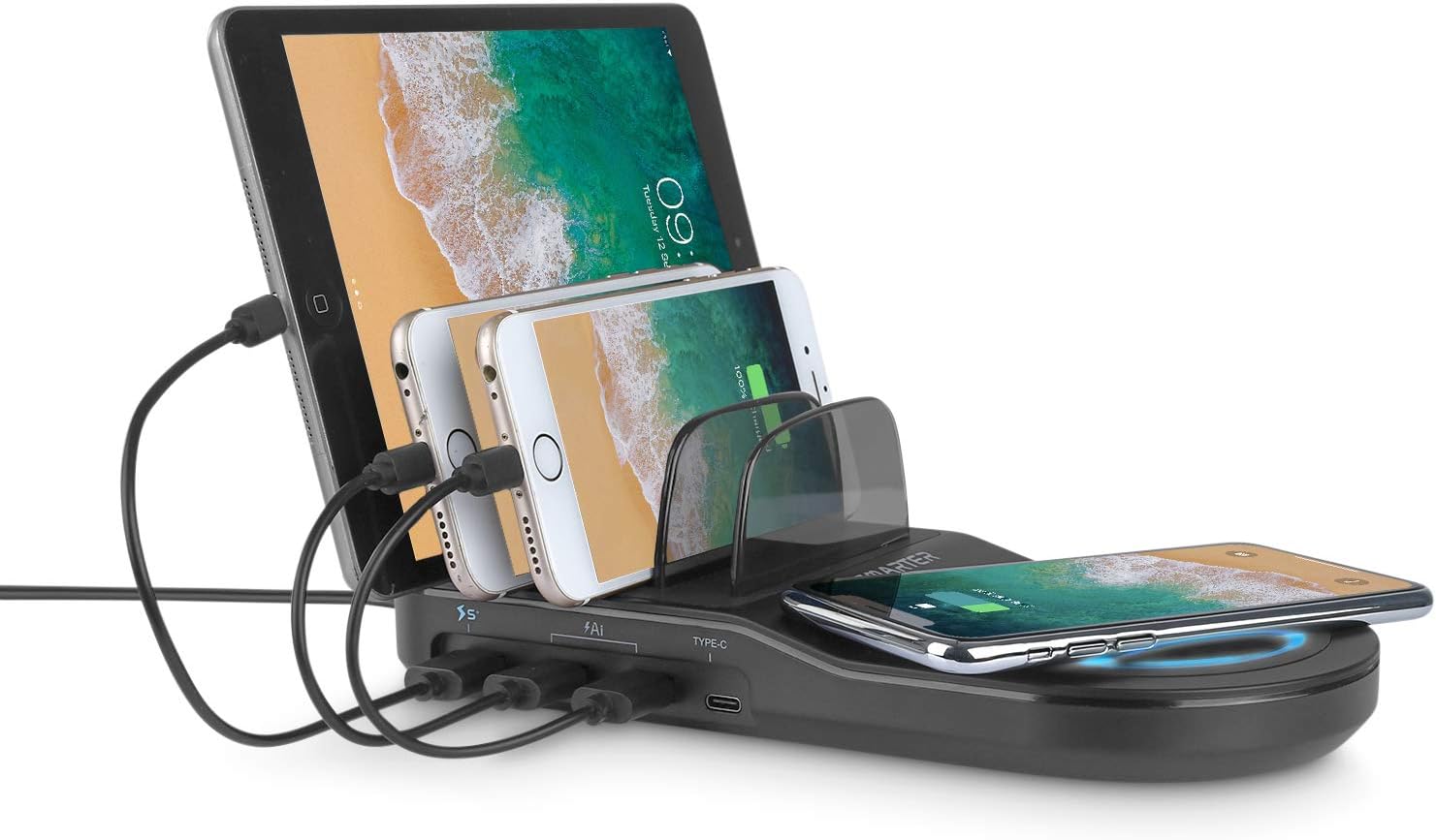 Techsmarter 5-Port USB Charging Station for Multiple Devices with Wireless Charger Pad. Compatible with iPhone 13, 12, 11, XS, XR, X, 8 Samsung S20, S10, S9, S8, Androids, LG ThinQ