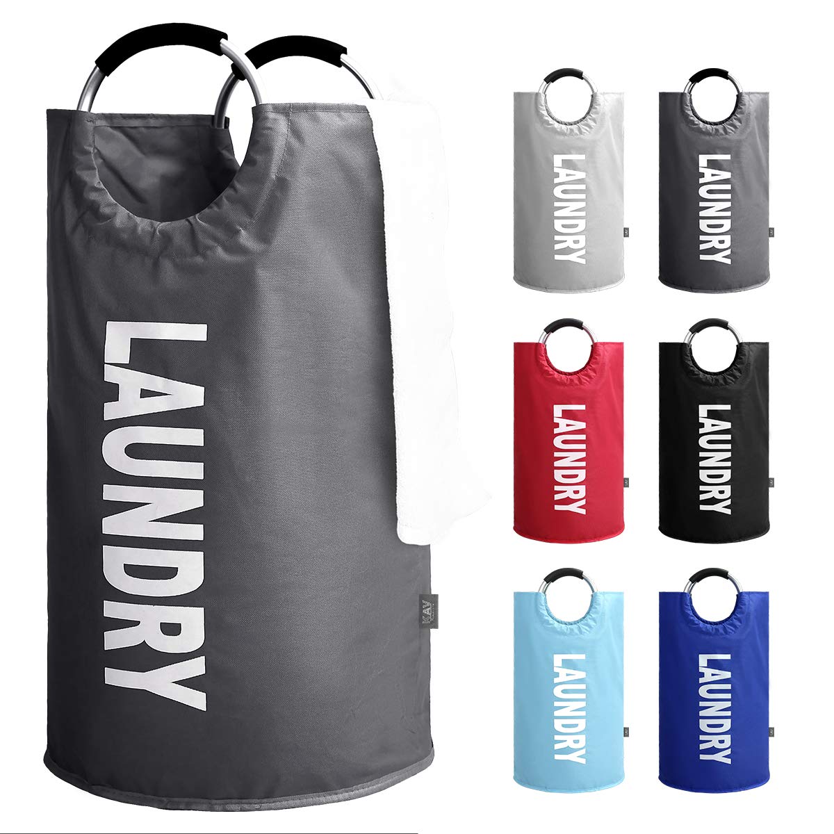 KAV Oxford Fabric Collapsible and Foldable Laundry Basket, Bag or Hamper - 82L Portable Linen Washing Bin with Rubber grip Aluminium Handles - Perfect for Bedrooms, Bathrooms, Playrooms (Dark Grey)