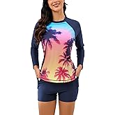 Halcurt Women's Built in Bra Rash Guard Long Sleeve Swimwear UPF 50 Two Piece Swim Shorts and Tops