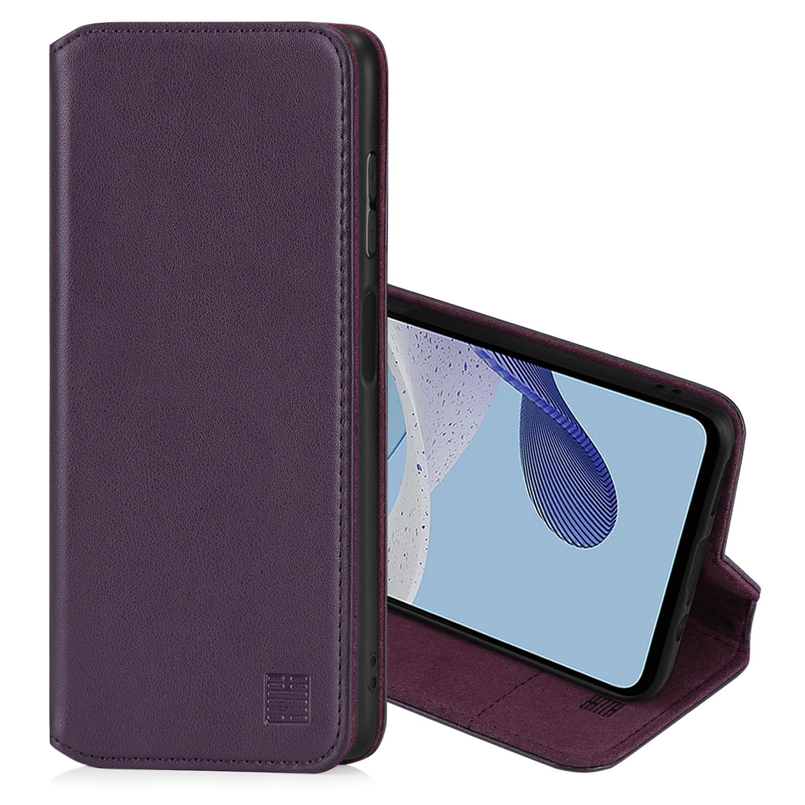 32nd Classic Series 2.0 - Real Leather Book Wallet Flip Case Cover For Motorola Moto G53, With RFID Blocking Card Slot, Magnetic Closure and Built In Stand - Aubergine