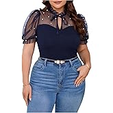WDIRARA Women's Plus Size Mesh Patchwork Pearls Blouse Tie Neck Puff Short Sleeve Top