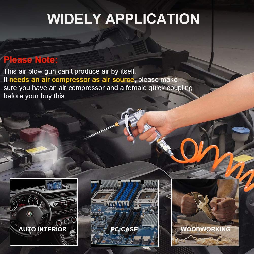Professional Air Blow Gun with Copper Adjustable Air Flow Nozzle and 2 Steel Air flow Extension, Pneumatic Air Compressor Accessory Tool Dust Cleaning Air Blower Nozzle Gun - - 