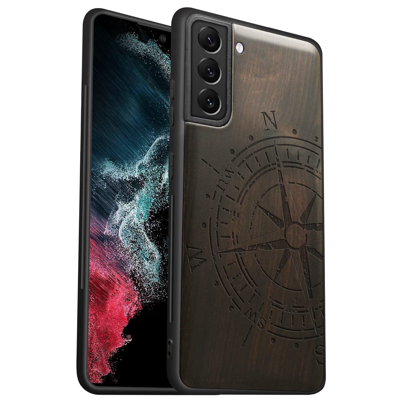 Carveit Wood Case for Galaxy S22+ Case [Hard Real Wood & Soft TPU] Shockproof Hybrid Protective Cover Unique & Classy Wooden Case Compatible with S22 Plus Case (Vintage Compass Carving-Blackwood)