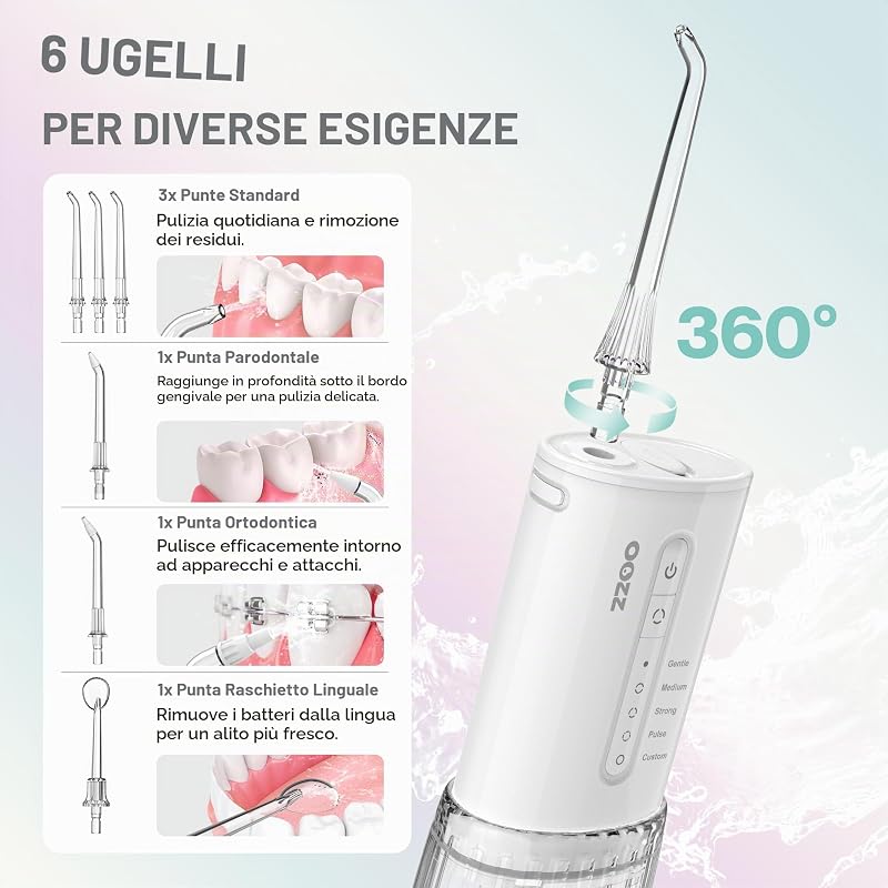 Idropulsore da viaggio, irrigatore orale tascabile senza fili, 5 modalità di pressione, 6 ugelli, design compatto ricaricabile tramite USB, irrigatore orale portatile per denti (Cloud)