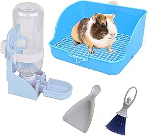 Rabbit Litter Box Small Animal Toilet Bunny Water Bottle 17oz Hanging Water Fountain Automatic Dispenser Square Cage Bedding Box Rat Potty Trainer Corner Pet Pan for Guinea Pigs,Chinchilla,Ferret