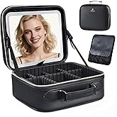 Faquenc Travel Makeup Bag with LED Mirror 3 Color Modes,10.2-in Black Vegan Leather Makeup Organizer Bag with Adjustable EVA Dividers and Independent Brush Panel