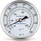 Measureman Fully Stainless Steel Bimetal Dial Thermometer, 3" Dial, 4" Stem, 50-500 deg F/10-260 deg C, -1% Accuracy, Adjusta