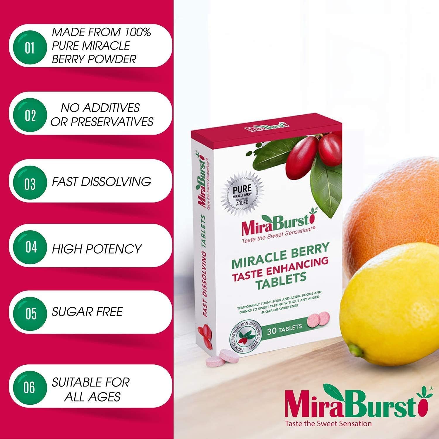 MiraBurst Taste Enhancing Miracle Berry Tablets (10 Count), Produced from 100% Pure Miracle Fruit Powder, No Additives, No Preservatives, Non-GMO, Vegan, Turns Sour and Acidic Food and Drinks Sweet: Health & Personal Care