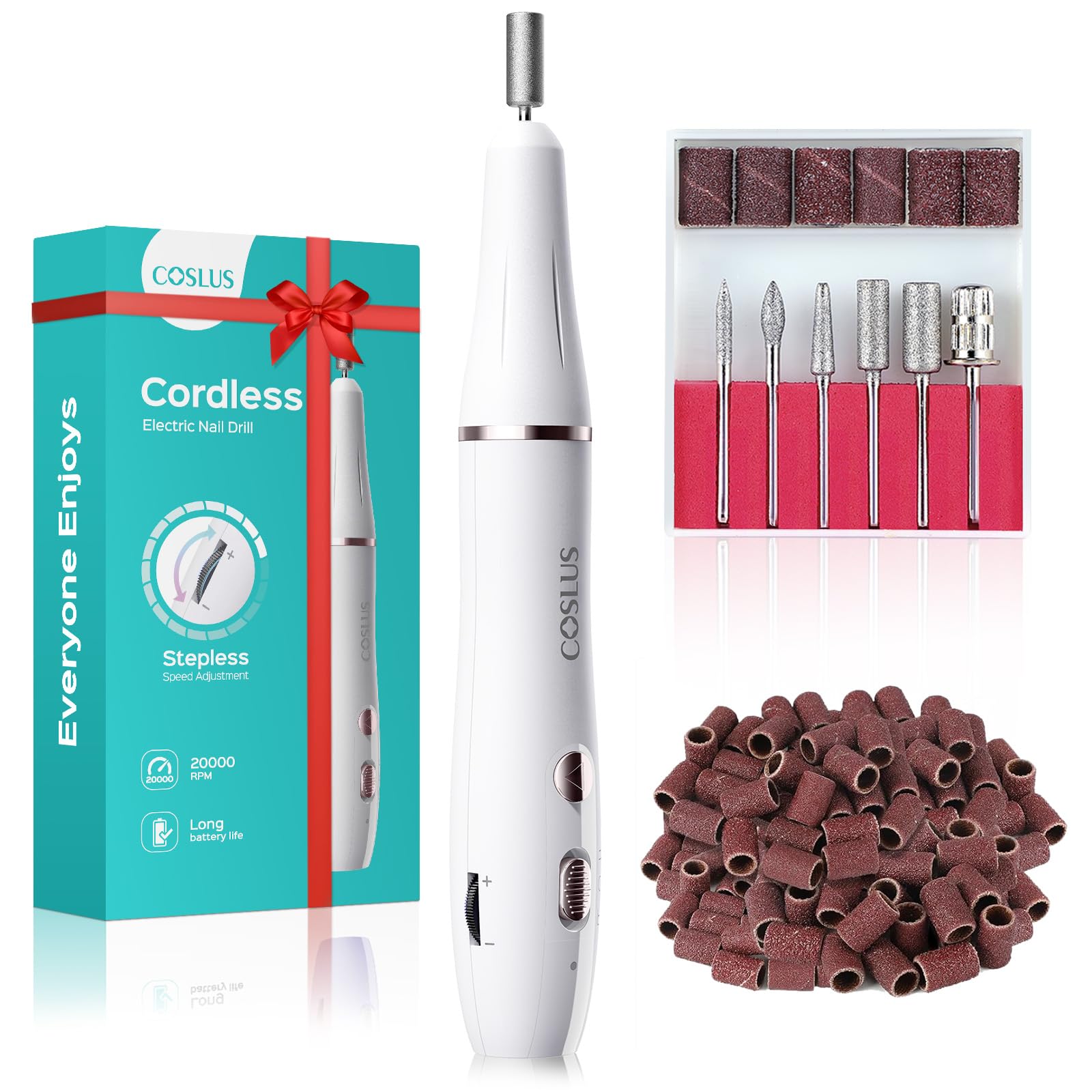 COSLUS Cordless Electric Nail Drill File: Nail Drill Machine with Stepless Speed Knob for Acrylic Gel Dip Powder Polish, Professional Portable Manicure Pedicure Rechargeable for Home Salon Use White
