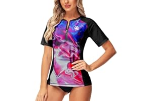 AOBUTE Women Zip Rash Guard UPF 50+ Gradient Short Sleeve Swim Top Surf Shirts