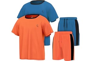 Essenclo Boys Clothing Sets Tagless Loose Athletic Performance Crew Neck T-Shirt and Short Outfits Size 3-16 (4 Piece Set)