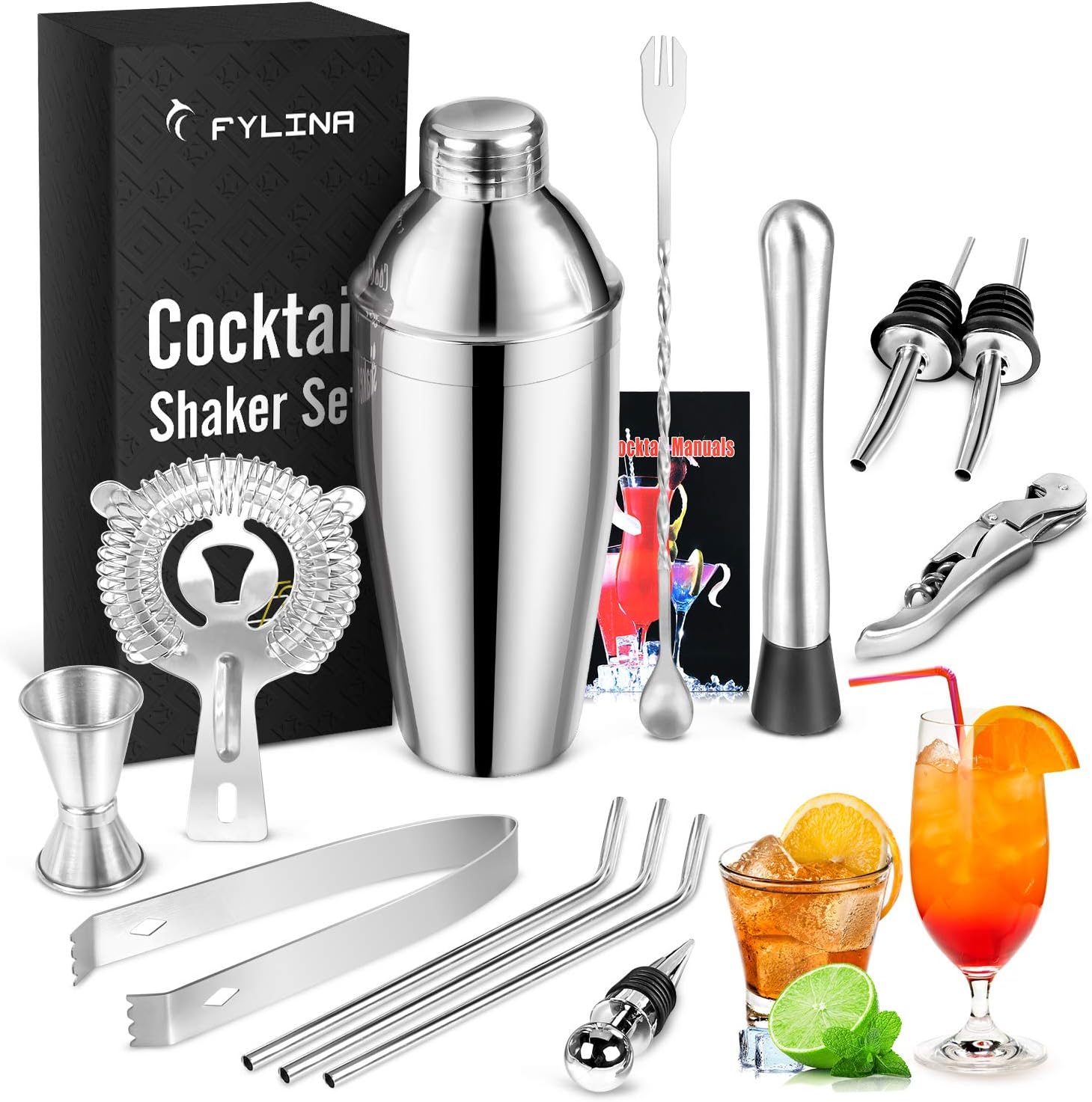 FYLINA Cocktailshaker 750ML Cocktail Shaker Set 14-teiliges Cocktail Bar Set Bar Zubehör Cocktailset Groß Cocktailshaker Mixer Cocktail Set mit Messbecher Rezeptbuch Geschenk Edelstahl