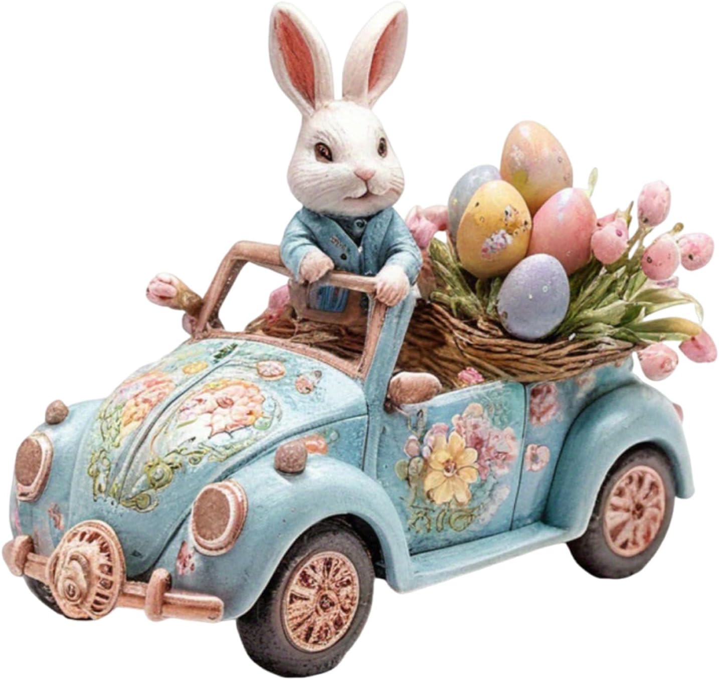 2D Easter Bunny Driving Car Figurine, Acrylic Tabletop Decoration with Floral Design, Blue Vintage Car with White Rabbit and Egg Basket, Spring Holiday Home Decor 021 (#C687)