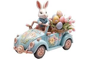 2D Easter Bunny Driving Car Figurine Decor Easter Figurine Decor Driving White Rabbit Statue Tabletop Ornament Festival Prese