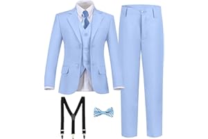 SISAVE Boy's Formal Suit 7 Piece Slim Fit Tuxedo for Kids Teen Boys Jacket Vest and Pants Set for Wedding with Bow Tie Suspenders