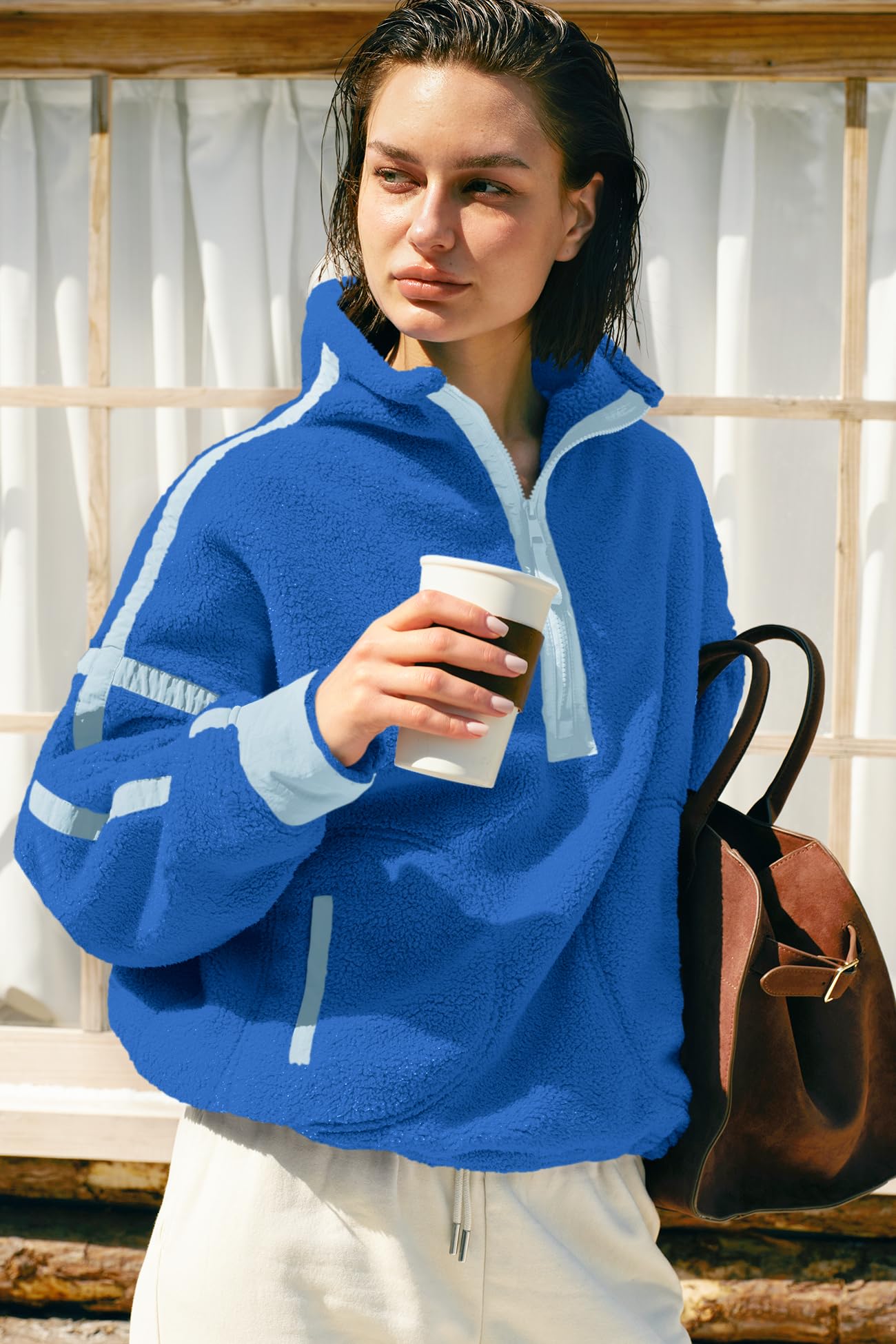 Panadila Womens Half Zip Sherpa Fleece Pullover Soft Oversized Sweatshirt with Pockets Warm Fuzzy Sweater