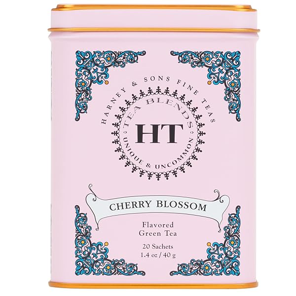 HARNEY & SONS CAFFEINATED BLOSSOM GREEN TEA TIN SACHETS PINK 31629, CHERRY, 20 COUNT (PACK OF 1)