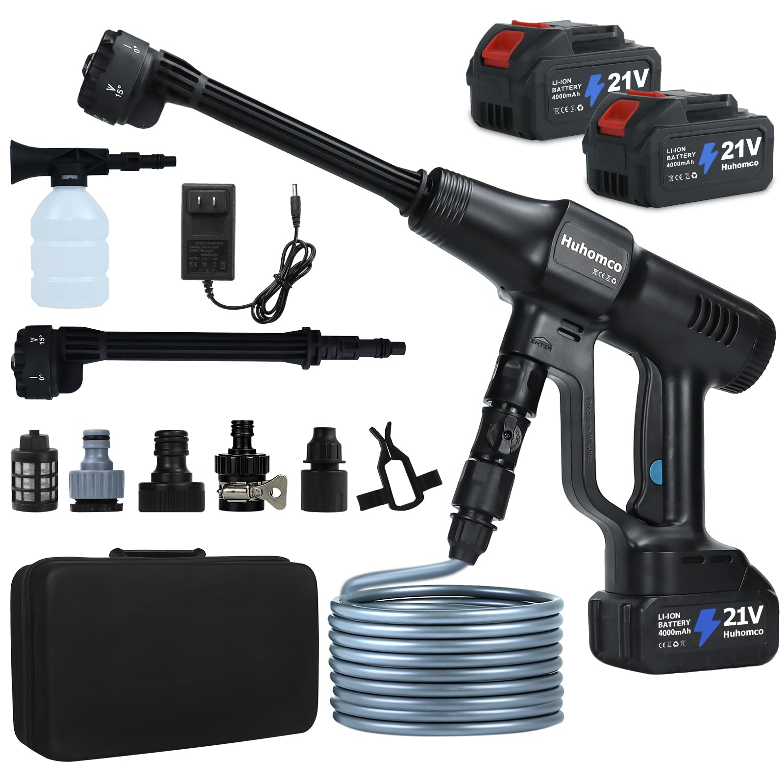 Photo 1 of Huhomco Cordless Pressure Washer Battery Powered; 1200PSI Cordless Power Washer with 6-in-1 Nozzle, 16.4FT Kink-Free Hose, 2×4.0Ah Batteries; Portable Power Wash for Home Car Garden Patio (Black)