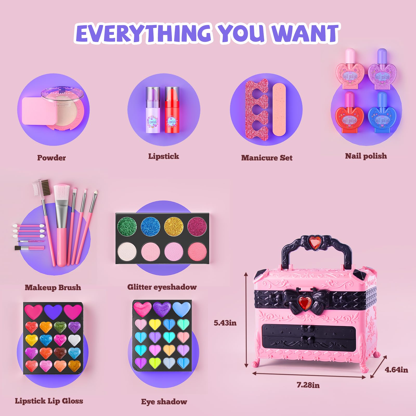 GORISPI Kids Makeup Sets for Girls, 66pcs Real Cosmetic for Kids Toys with Mirror, Princess Washable Girls Makeup Kit, Non-Toxic & Safe Brithday Gifts for 3 4 5 6 7 8 10 - 12 Years Old（Pink Black）