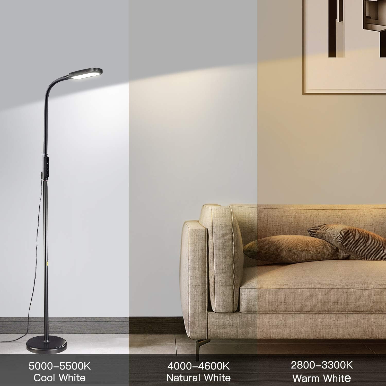 Miroco LED Floor Lamp with 5 Brightness Levels & 3 Color Temperatures, 1815 Lumens, Adjustable LED Floor Light, Dimmable Reading Standing Lamp for Sewing Living Room Bedroom Office - - 