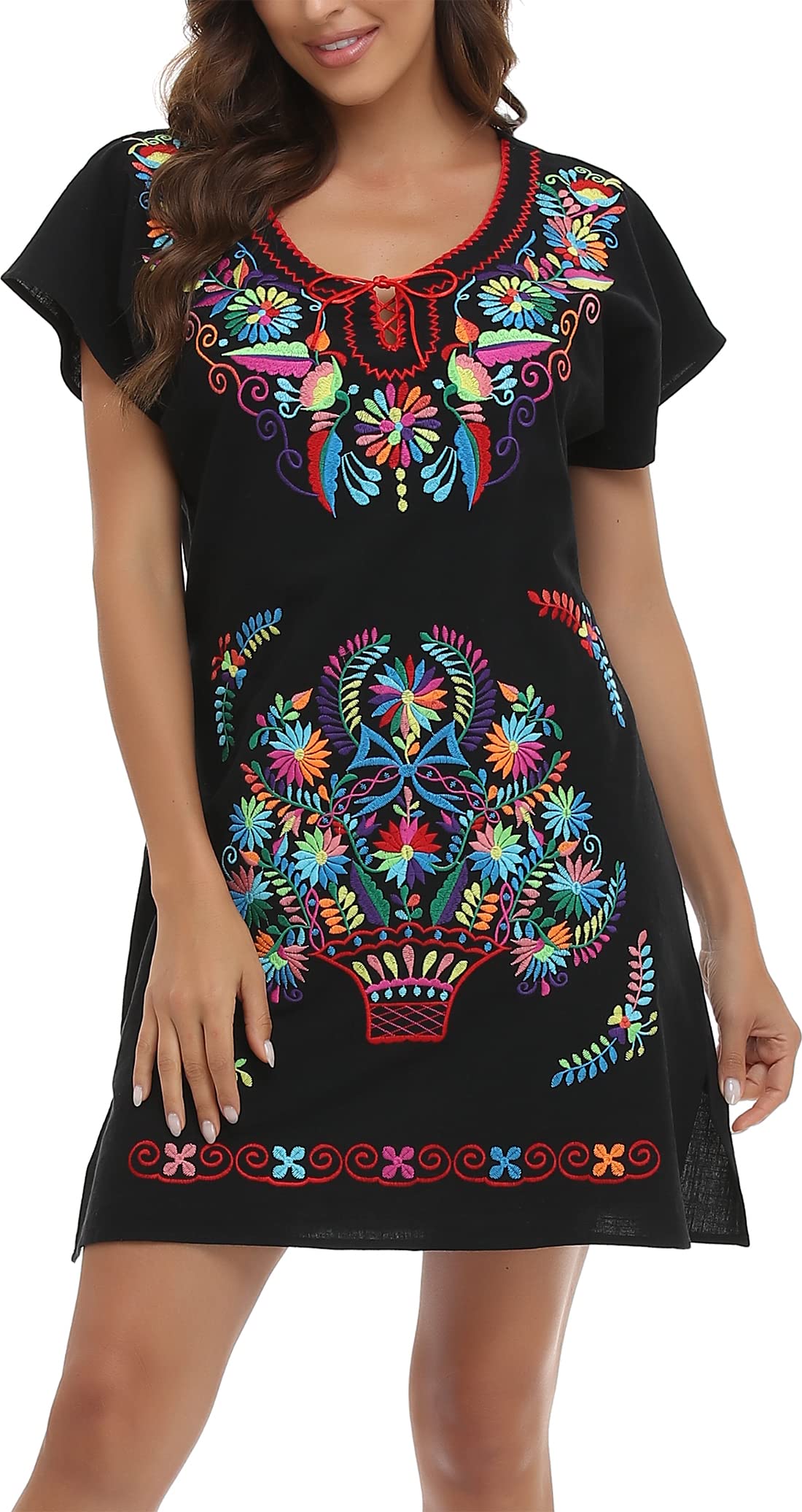 black long dress simple Mexican Embroidered Knee Length Dress main image 1