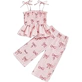 VISGOGO Toddler Baby Girl Outfits Sleeveless Smocked Strap Camisole Linen Pants Bow Baby Summer Clothes