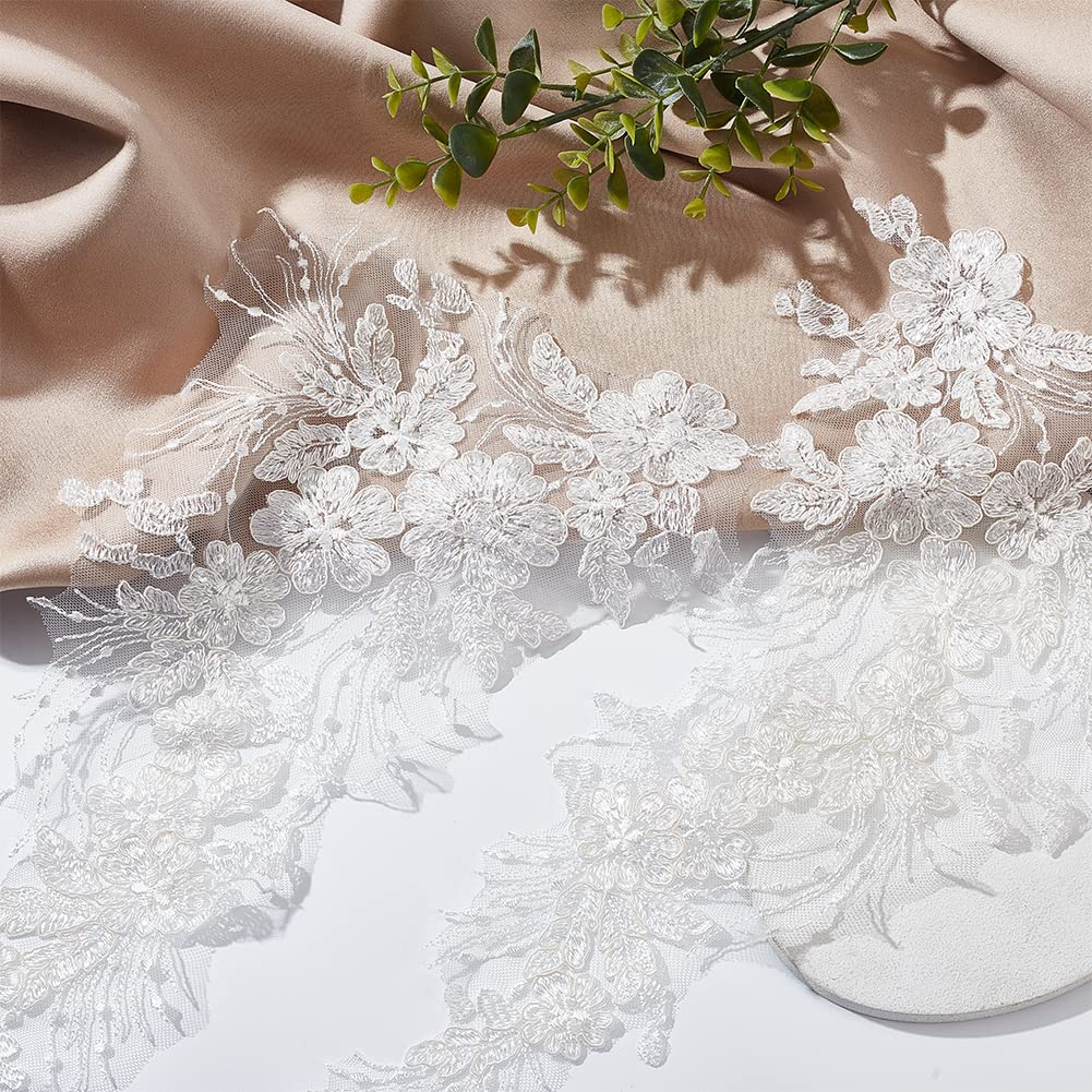 PLIGREAT 2 Pairs White Flowers Embroidered Lace Appliques, Decorative Fabric Patches for DIY Wedding Dress, Prom and Bridal Accessories