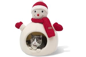 CATISM Christmas Cat Bed - Christmas Snowman Cat Bed for Indoor Cats, Cute Snowman Cat Beds with Warm Cushions Removable Cave with Non-Slip Cushioned Bottom for The Holidays