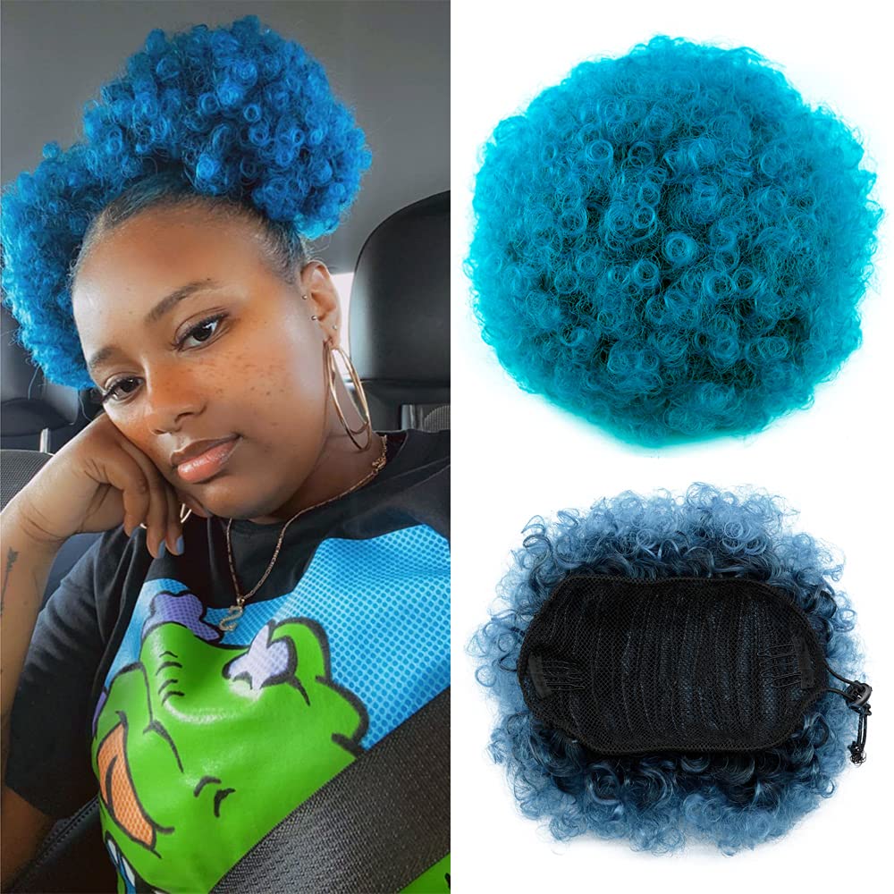 Photo 1 of Yinmei Baibian Ombre Blue Afro Puff Drawstring Ponytail Short Ponytail High Puff Bun Hair Piece Kinky Curly Clip in on Updo Hair Extensions for Black Women(1B/Blue#)
