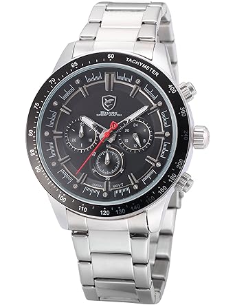 Shark Mens SH283 Quartz 3D Black Dial Chronograph 24-hour Display Silver Steel Wrist Watch