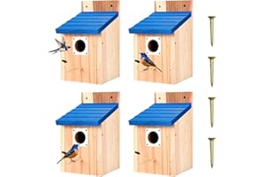 HOAMAYYA 4-Pack Blue Wooden Bird Houses for Outdoors with Predator Guard, Bluebird Houses for Outside – Ideal for Bluebirds & Other Backyard Birds, Blue