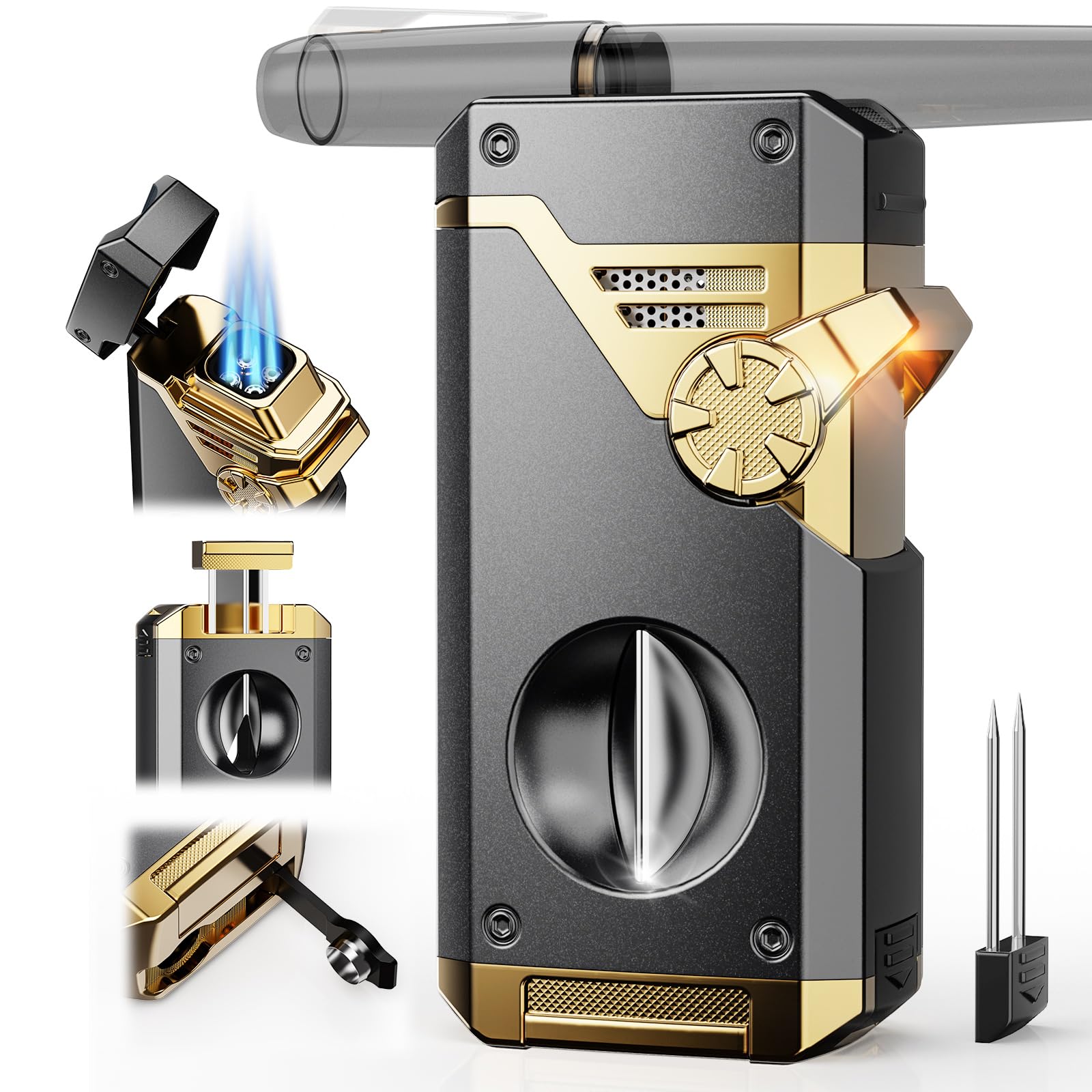 Photo 1 of **FOR PARTS*** Torch Lighter 4 Jet Flame Lighter with Cutter, Punch, Holder, Draw Enhancer Tool, Multi-Functional Accessories Gifts Box for Men, Adjustable Refillable Butane Lighters for Candles, Outdoor Travel