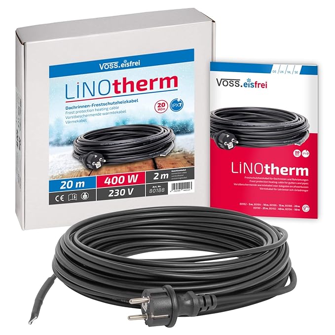 Heizkabel Linotherm | 20 Meter lang | besonders hohe Heizleistung | VOSS.eisfrei | Frostschutz für Dachrinnen und Wasserleitu