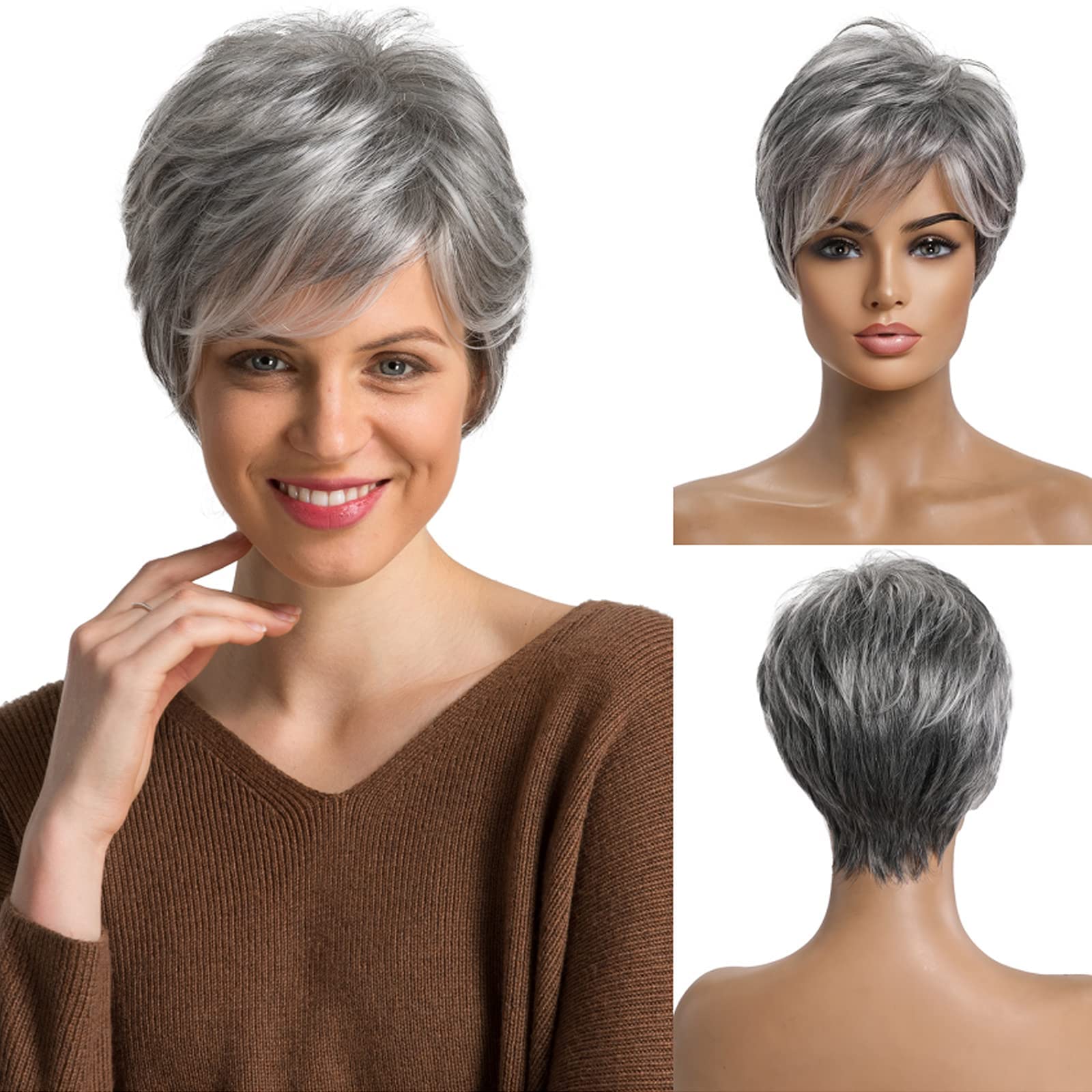 EMMOR Short Grey Human Hair Wigs for Women Blend with Healthy Memory Fiber Pixie Curly Wig With Bang,Natural Daily Use Hair (Mixed Grey) — image 1