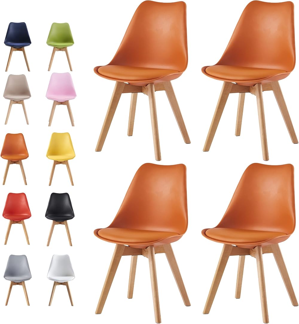 mcc direct Set of 4 Dining Chairs with Wooden Legs Orange Cushions