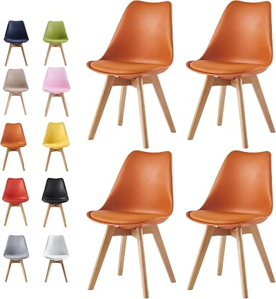 mcc direct Set of 4 Dining Chairs with Wooden Legs Orange Cushions