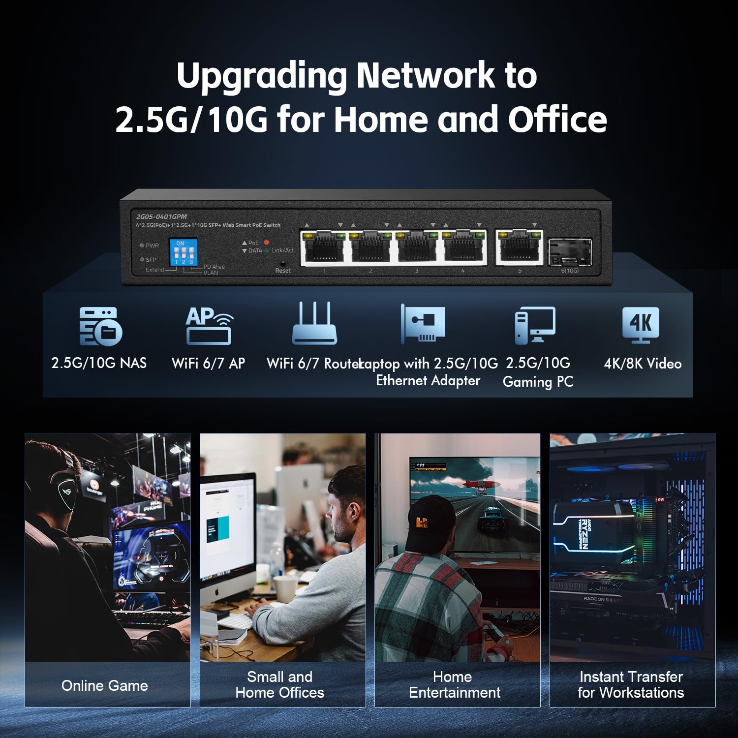 6-Port-2,5G-PoE-Managed-Switch, 10G-SFP+-Steckplatz, IEEE802.3af/at 100W, unterstützt Trunk/LACP/VLAN/QOS/Extender/Watchdog, Metall-Multi-Gigabit-Desktop-/Wandmontage-Netzwerkswitch 8