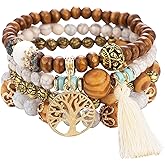 Tree of Life Bracelets for Women Bohemian Stretch Wood Beaded Bracelets for Women Boho Tassel Bracelet Multilayer Stackable Bracelets Christmas Birthday Jewelry for women.