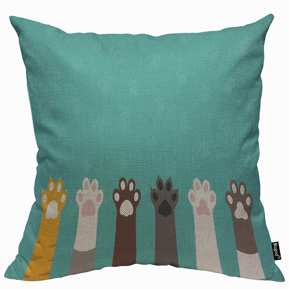 Mugod Cute Colorful Cat Paws Cushion Cover Throw Pillow Covers Print Design Art on Blue Background Pillow Case for Men Women Decorative Home Sofa Chair Couch 45x45cm/18x18 Inch
