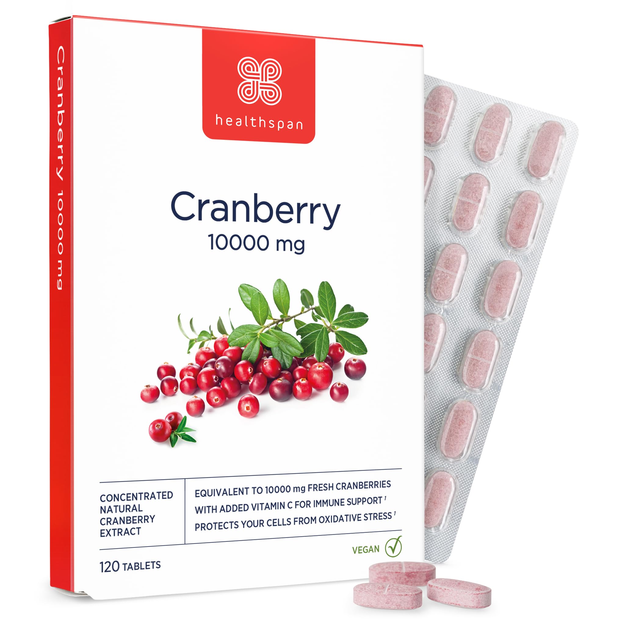 Healthspan Cranberry 10,000mg | 120 Tablets | 10,000mg Whole Cranberries| Support for Your Wellbeing and Immune Health | Added Vitamin C | Vegan