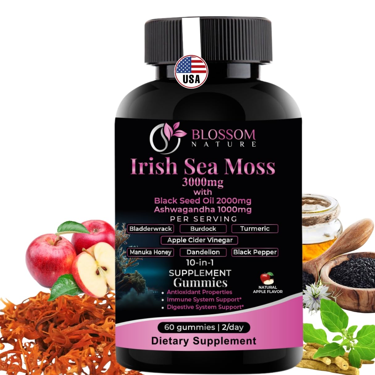 10-in 1 Irish Sea Moss Gummies 3000mg with Black Seed Oil Ashwagandha Bladderwrack Burdock Turmeric Apple Cider Vinegar Manuka Honey Dandelion - for Immune and Digestive System, Made in US