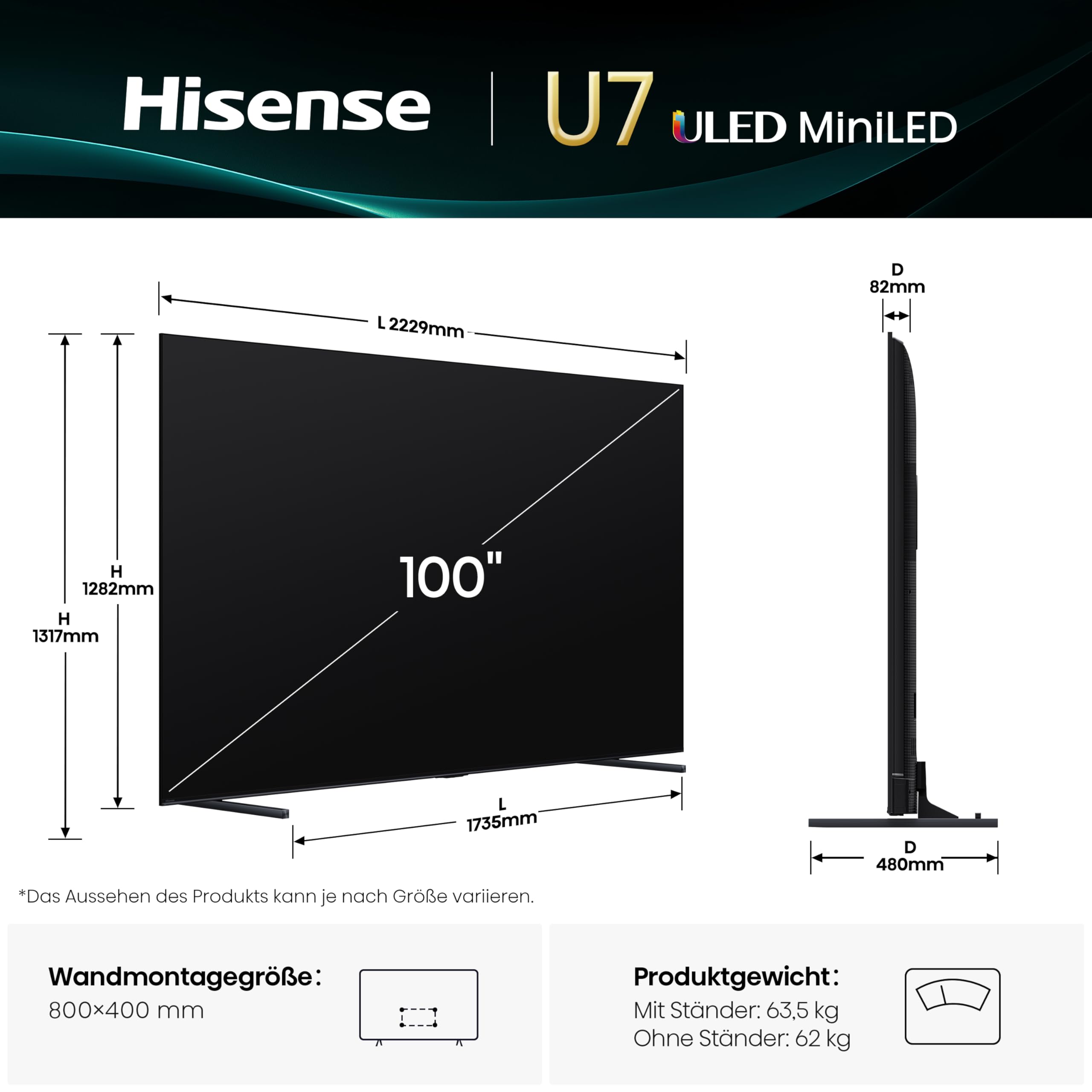 Hisense 100U7Q Fernseher 100 Zoll, 4K Mini LED ULED, Smart TV, Hi-View AI Engine Pro, 165Hz Game Mode Ultra, FreeSync Premium, Built in Subwoofer, Dolby Vision IQ Atmos, Airplay[2025] 2