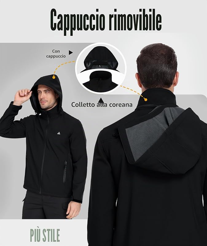 Giacca Uomo Invernale Softshell Impermeabile Antivento con Cappuccio Staccabile Multifunzionale Outdoor Giubbotto Caldo Casual Jacket per Trekking Ciclismo Viaggi Nero XL — foto 3 di 6