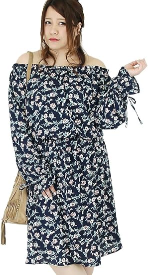 Amazon 花柄 オフショル ワンピース フラワー ロング丈 ミディ丈 長袖 薄手 春夏 おしゃれ ガーリー デート 大きいサイズ レディース 4l ネイビー ワンピース チュニック 通販