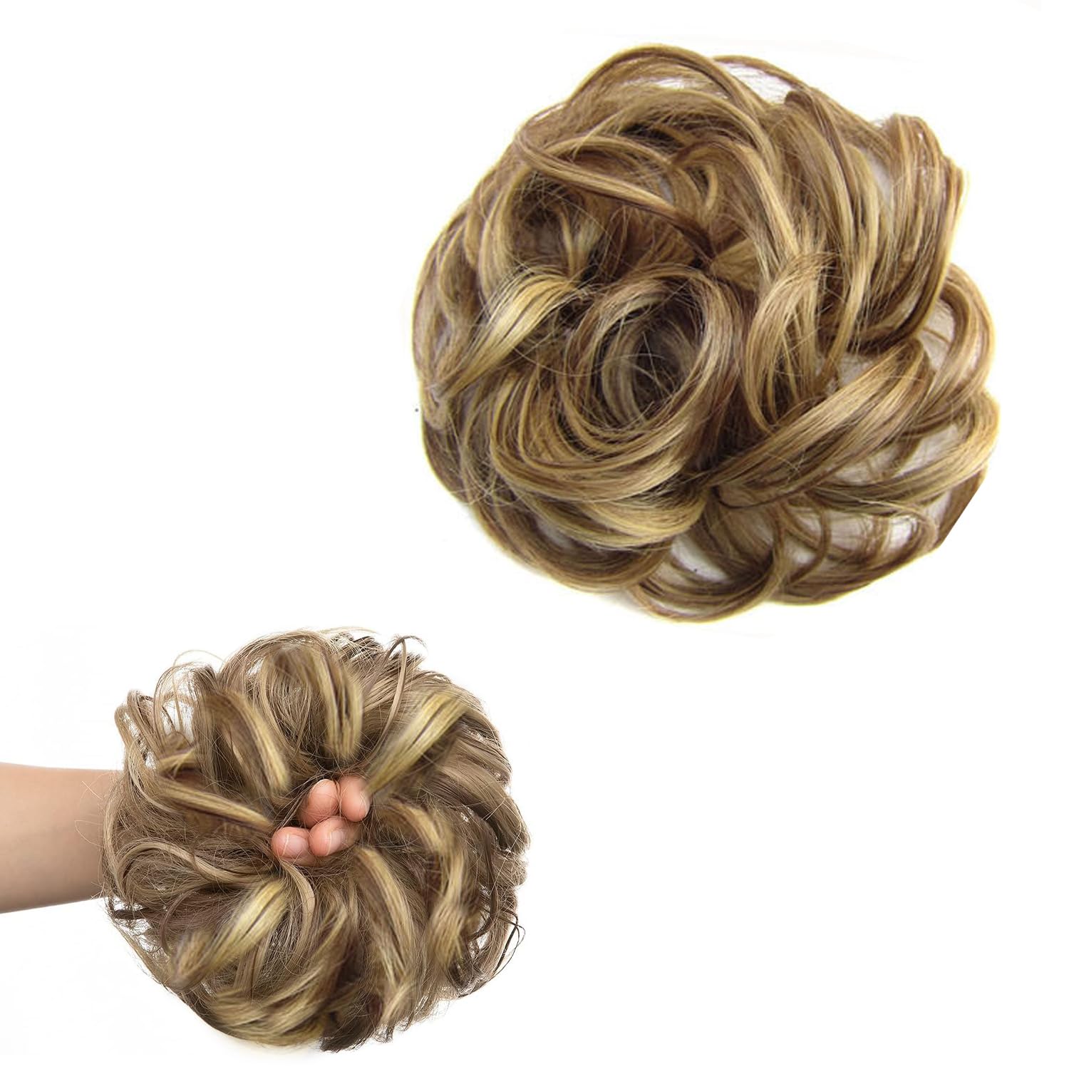 Norhogo Messy Hair Bun Curly Wavy Hair Scrunchies Accessories, Real Fashion Tousled Updo Hair Pieces, Pieces for Women Girls Synthetic Chignons, Scrunchies Ponytail Extension - Brunette/Ash Blonde